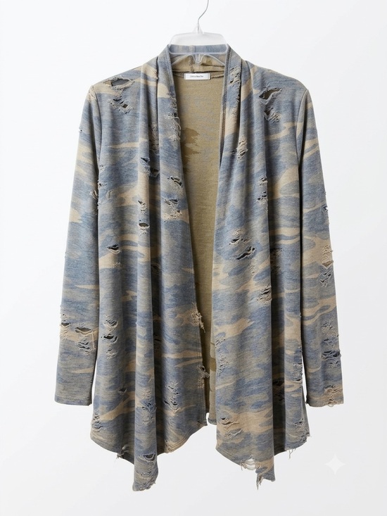 12 Pm By Mon Ami Sweaters - Distressed Open-Front Camouflage Cardigan